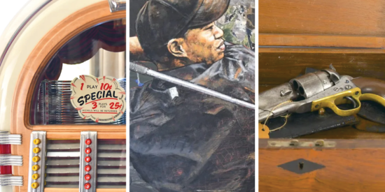 Auction items include a Wurlitzer 1015 Jukebox, Tiger Woods autographed oil painting and historic firearms.