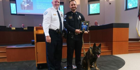 Canine Office Zon is retiring. Pictured with Chief David Baucom and his handler, Cpl. Sam Dellinger