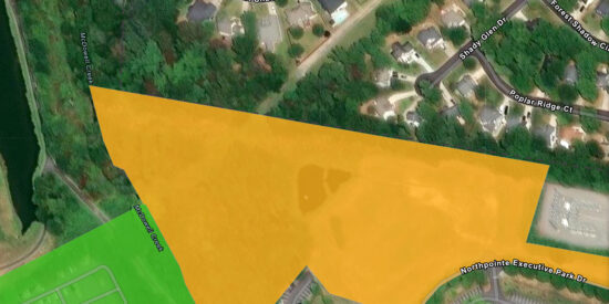 Proposed Huntersville hotel site (in orange) backs up to homes in Stratford Forest in Cornelius
